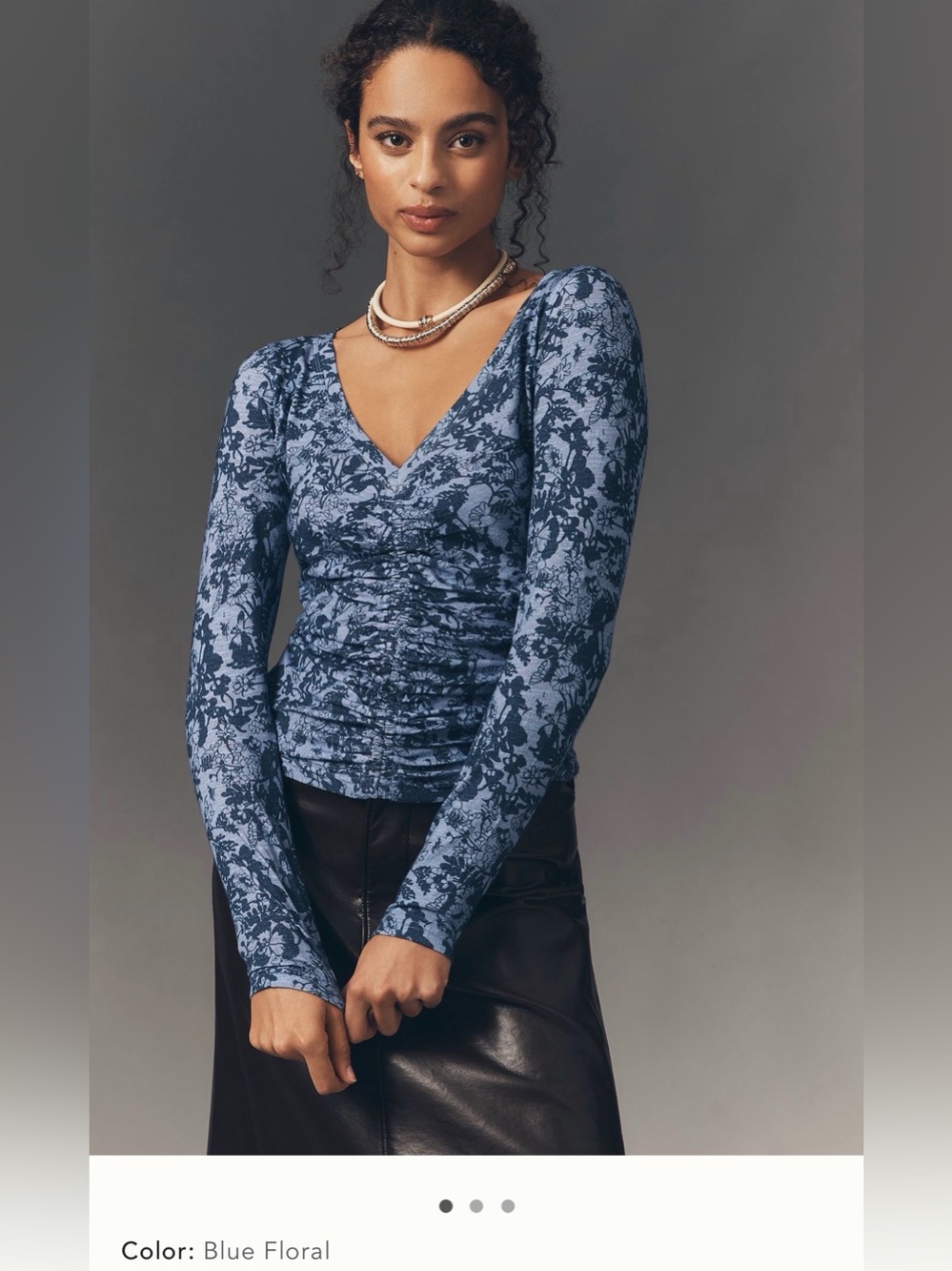 NWT new medium Anthropologie Pilcro Blue Floral Ruched V-Neck Long Sleeve Top